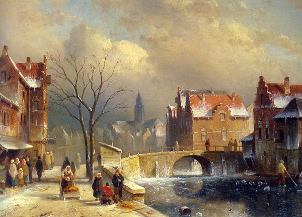 Winter villagers on a snowy street by a canal by Charles Henri Joseph Leickert